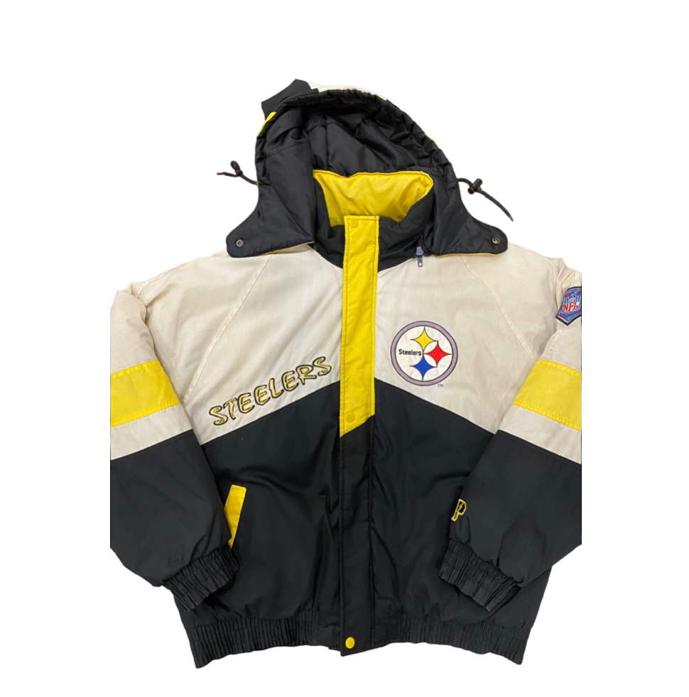 Vintage Steelers Starter Jacket Puffer Hood Black Yellow 